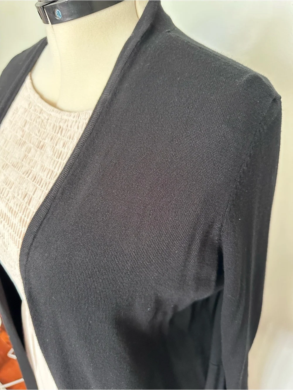 Chico's Black Open-Front tunic length Cardigan with tulip sleeves.